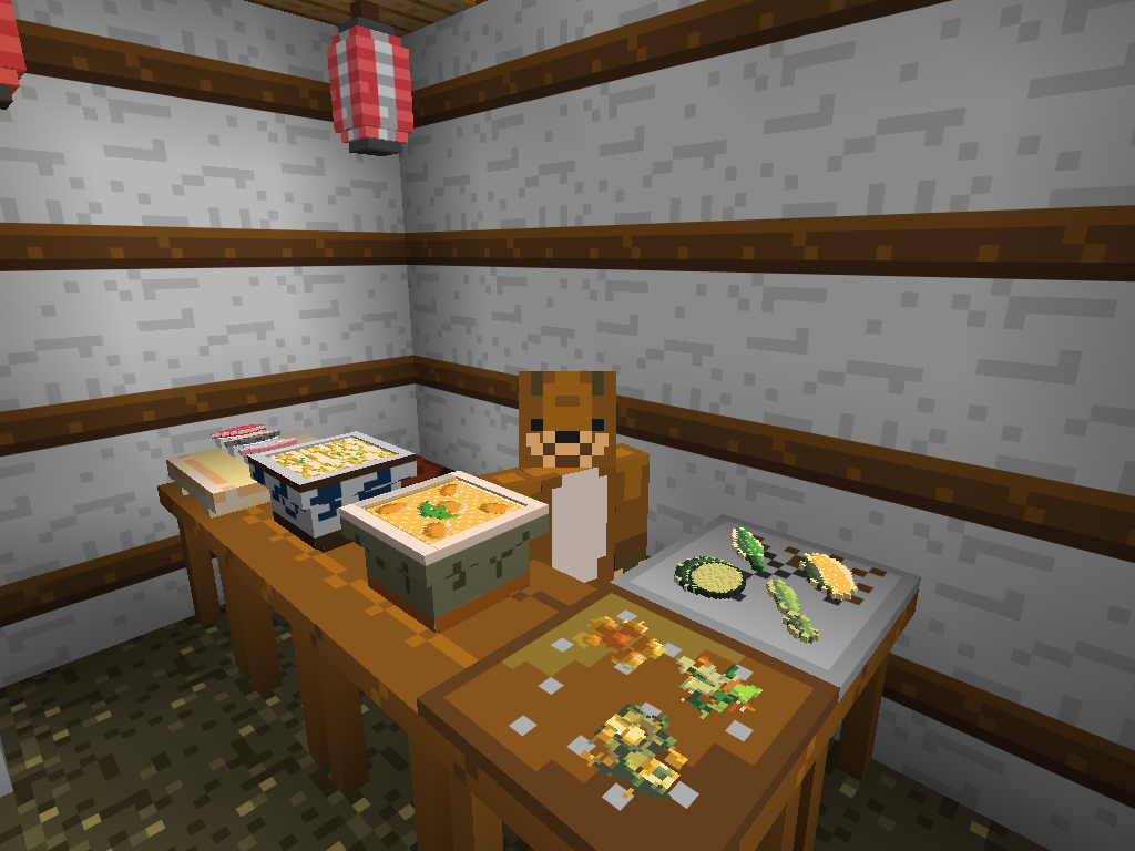 Two filled bowls, sushi and tempura arranged on tables beneath a lantern.